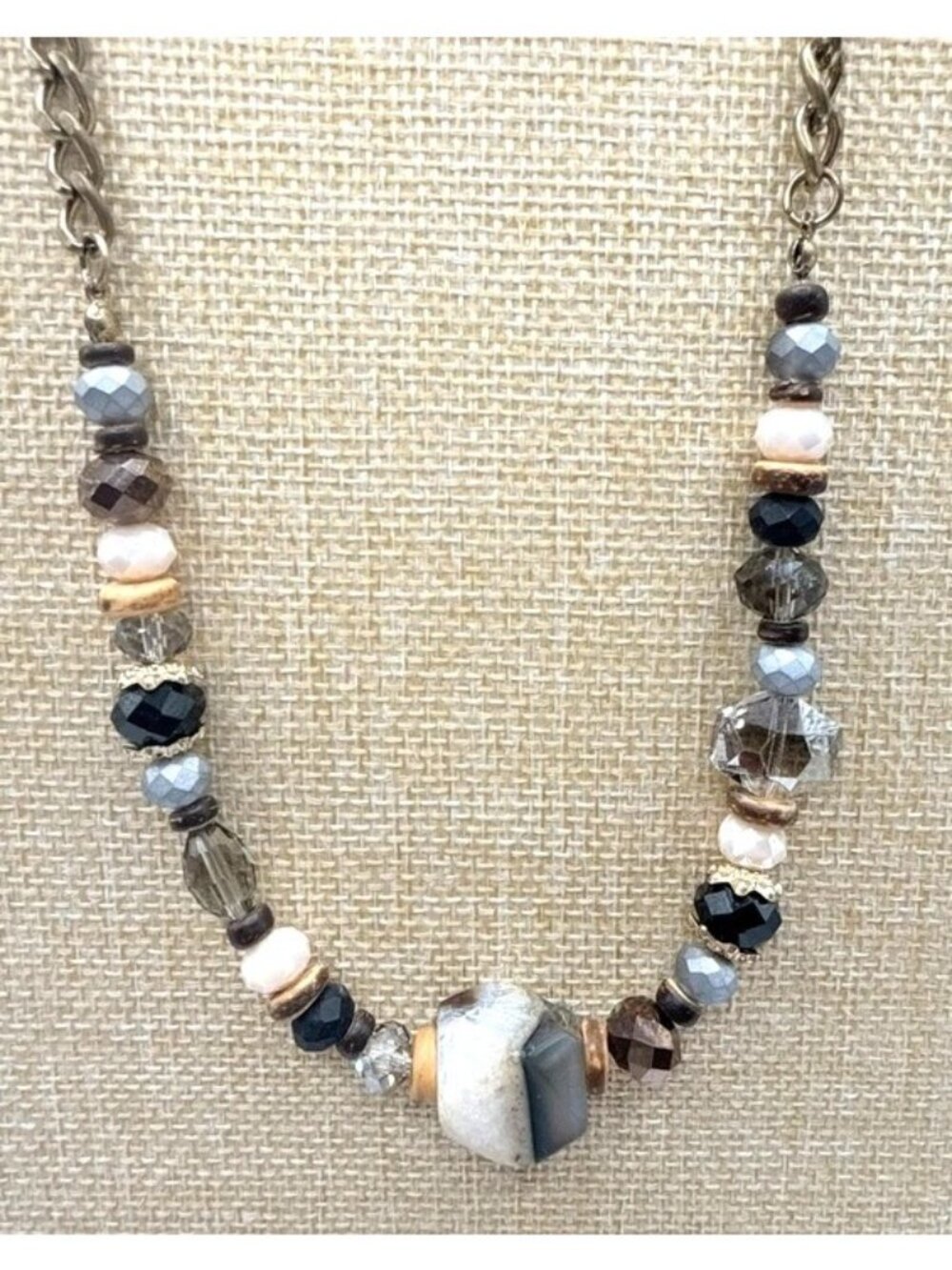 Boho Mixed Bead Statement Necklace Faceted Crystal Stone Gold Tone Adjustable